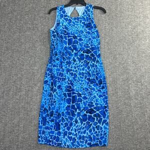 MAGGY LONDON PETITES Dress 6 Blue Print Sheath Back Tie 100% SILK Sleeveless